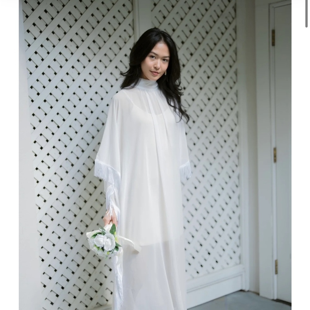 Tela White Maxi Dress with Fringe Sleeves